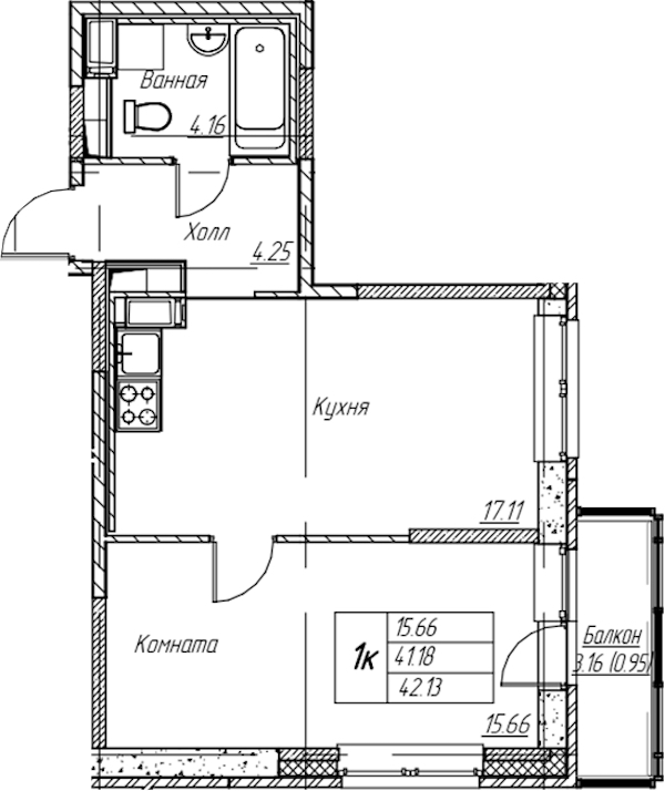 1-комнатная квартира 42.13 м², 5/22 эт., ЖК «Парк-квартал Юнтолово»